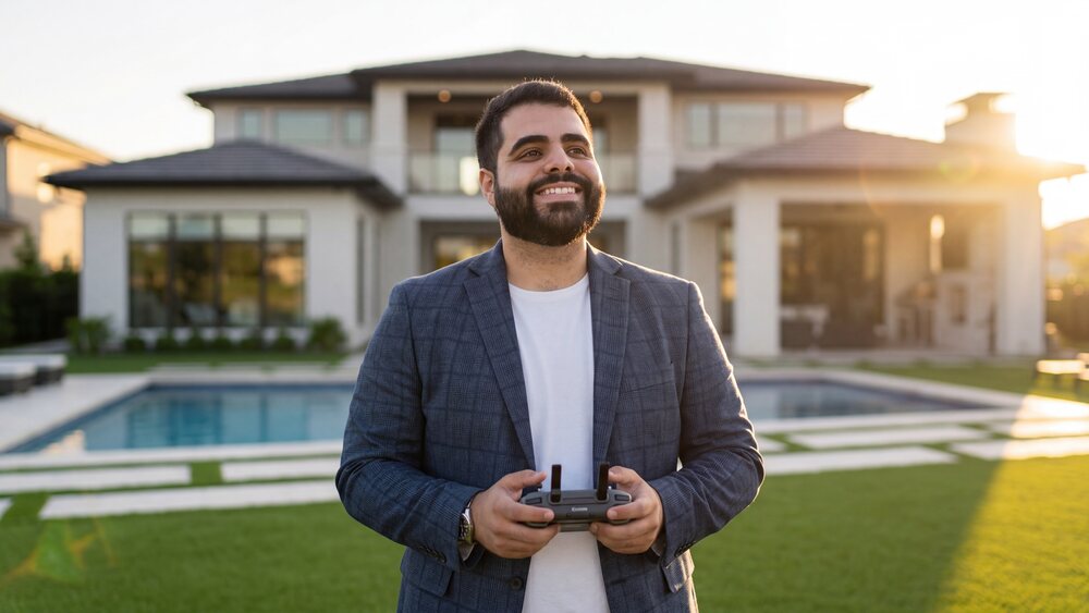 Ariel piloting a drone outside a luxury property at golden hour