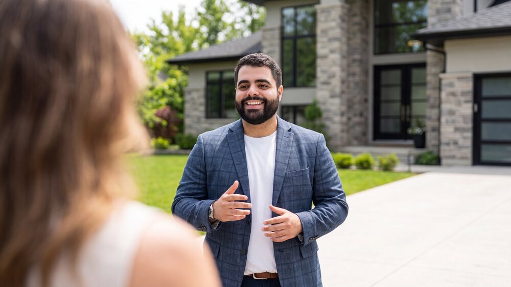 Ariel talking with a client outside a listing